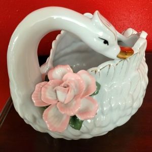 WHITE Porcelain Swan Dish with a Pink Flower accent